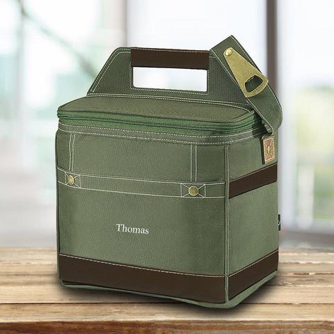 Personalized green trail cooler that has the name Thomas on the front