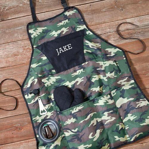 A Personalized Camouflage Printed Premium Grilling Apron that says Jake on the front