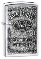 A silver zippo lighter with Jack Daniel's Whiskey branding engraved on the font