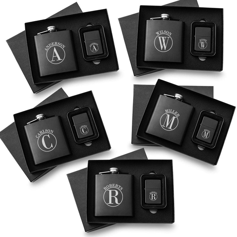 Personalized Black Flasks & Lighters - Gift Set of 5-Flasks-JDS-Circle-