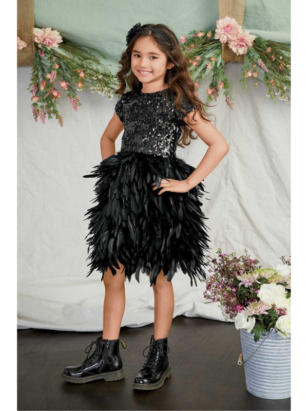 black sequin feather dress