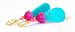 Large Kingman Turquoise with Carved Hot Pink Quartz Flower Earrings " Red Turquoise " Large Kingman Turquoise with Carved Hot Pink Quartz Flower Earrings " Red Turquoise "