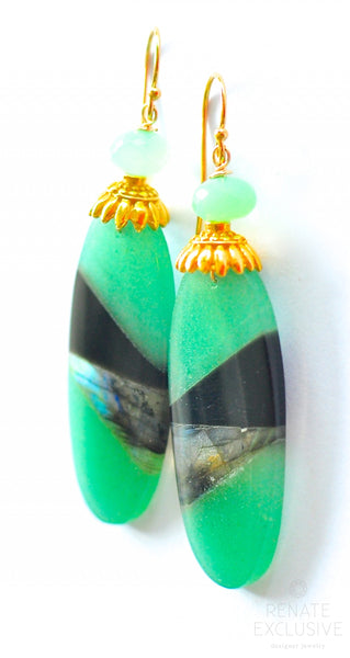 Unique Labradorite, Aventurine and Black Obsidian Earrings "Unique Green" Unique Labradorite, Aventurine and Black Obsidian Earrings "Unique Green"