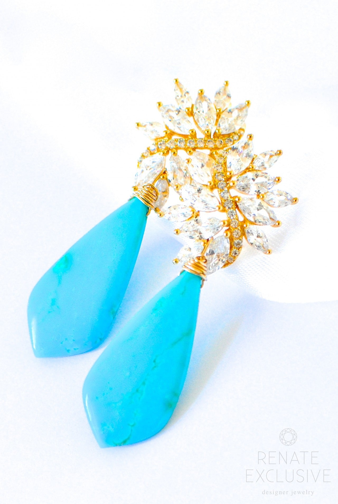 Kingman Turquoise Earrings with CZ "Happy New Year" - Handmade Jewelry - Renate Exclusive - 1 Product Image
