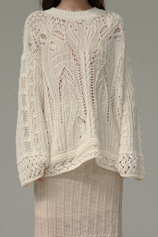 パステルオリーブ マメ Curtain Lace Pattern Knitted Pullover - 通販