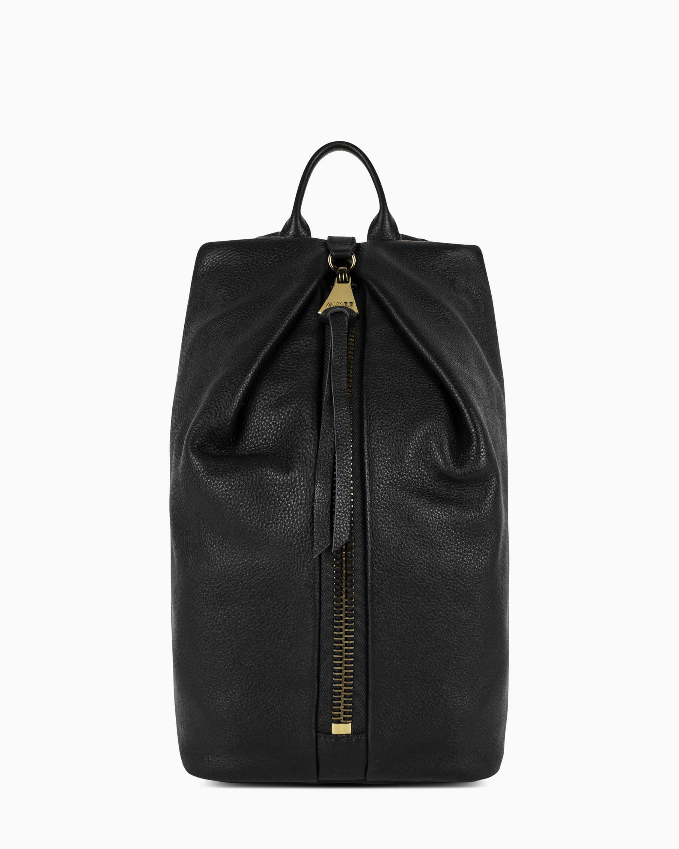 black leather backpack with gold hardware