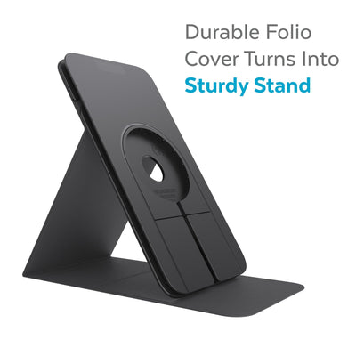 Three-quarter angle of empty Presidio Pro Folio for MagSafe in stand mode - Durable folio cover turns into a sturdy stand