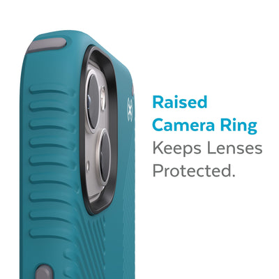 Slightly tilted view of side of phone case showing phone cameras - Raised camera ring keeps lenses protected.