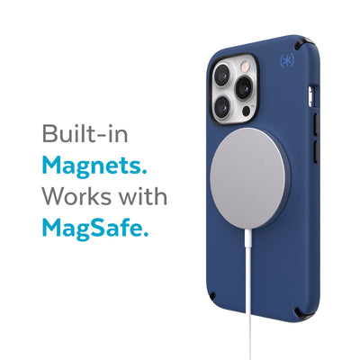 Three-quarter view of back of phone case with MagSafe charger attached - Built-in magnets. Works with MagSafe.