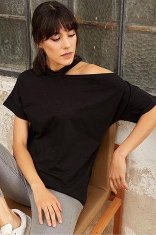 Oversize black summer top with one shoulder