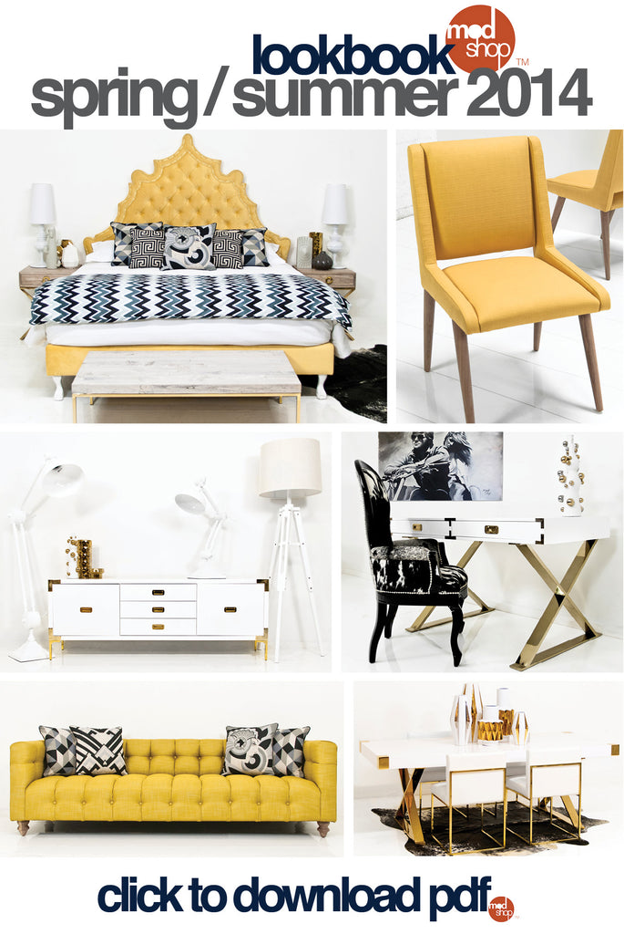 Words 'spring/summer lookbook 2014 ModShop' and modern credenza, tables, bed, chairs, sofa in mustard yellow, white and black