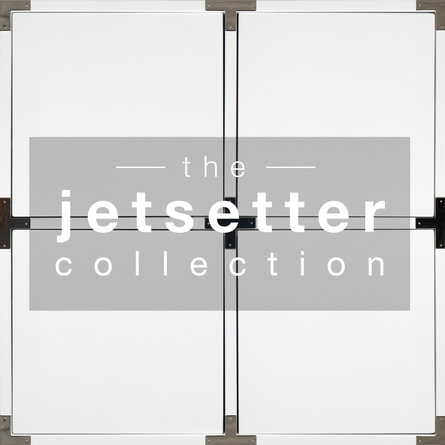 White squares edged in black with wood hinge pieces at corners, white letters in shaded area spell 'the Jetsetter Collection'