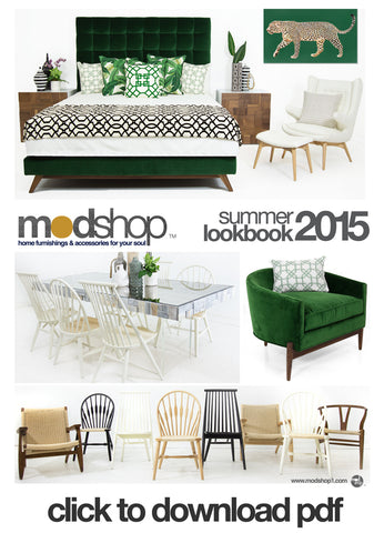 'ModShop summer lookbook 2015' with colorful modern bed, side tables, upholstered chairs, dining room table and dining chairs