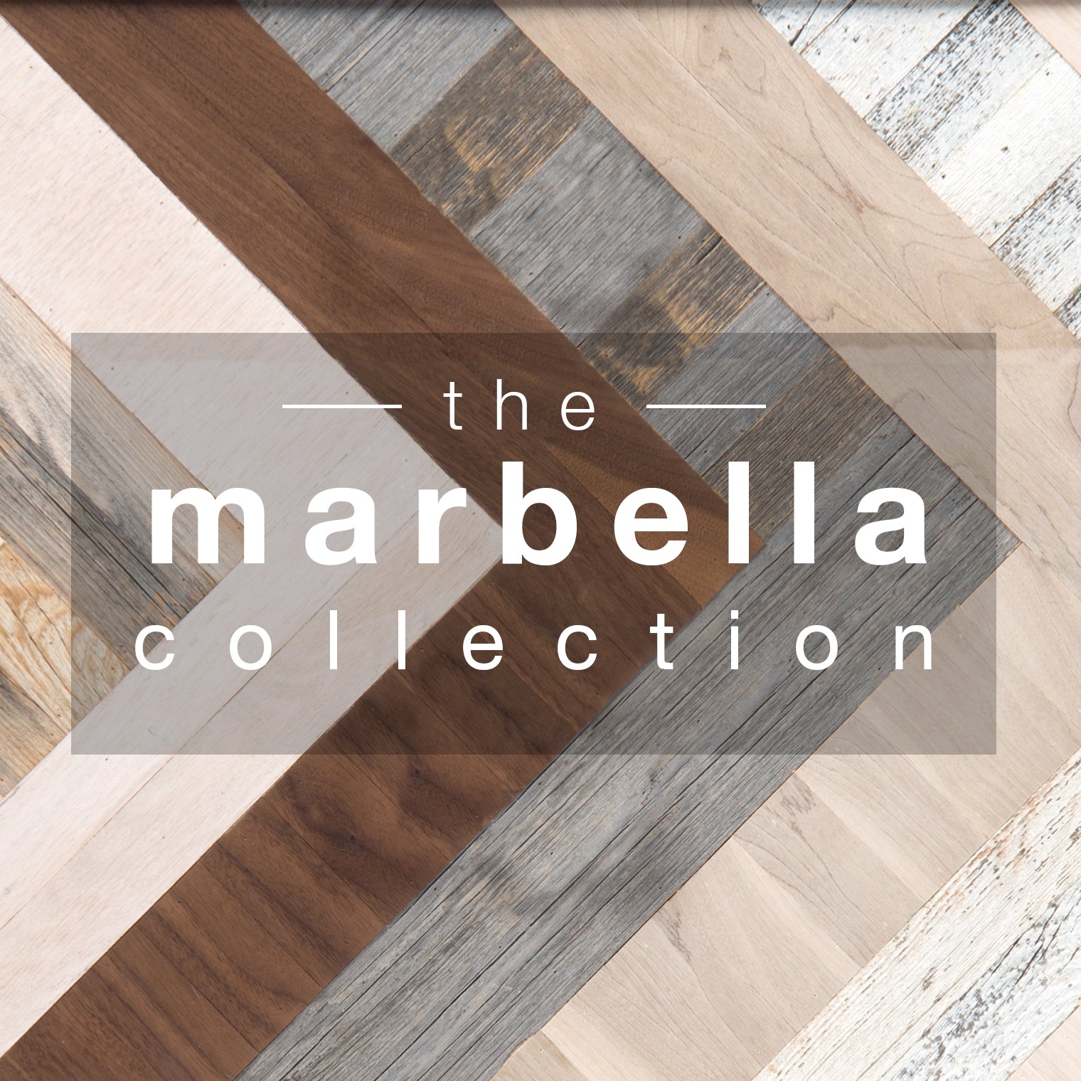 Strips of multicolor wood in chevron design, with white letters on shaded center rectangle spelling 'the Marbella Collection'