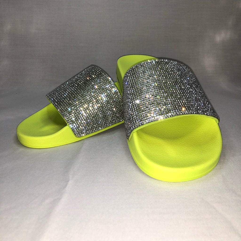 neon green rhinestone slides