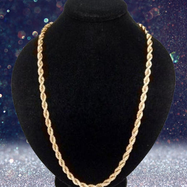 10K Solid Gold Rope Chain displayed on a black mannequin bust with a white background