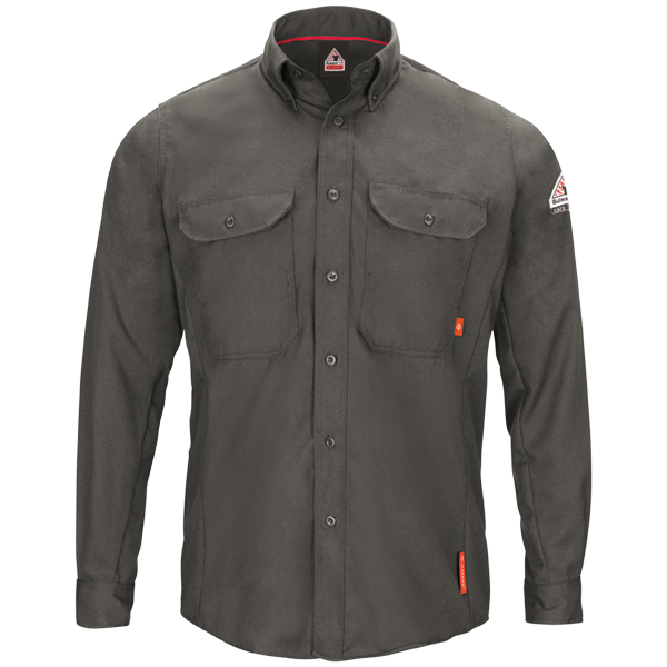 Men's FR Bulwark iQ Series® Long Sleeve Comfort Woven Lightweight Shirt in Dark Grey and Navy QS50