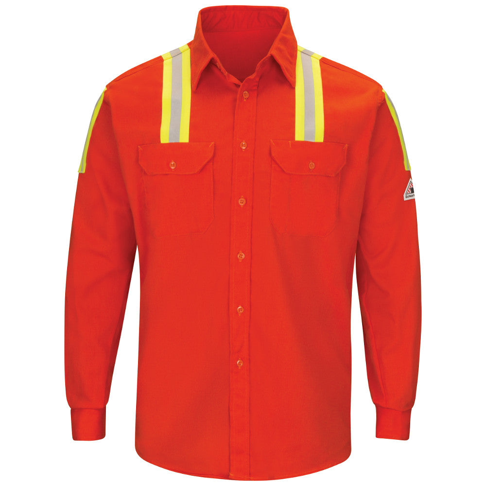 Men's Bulwark FR fire retardant 7 OZ. ENHANCED VIS Orange UNIFORM SHIRT with Reflective Trim HRC 2 SLATOR