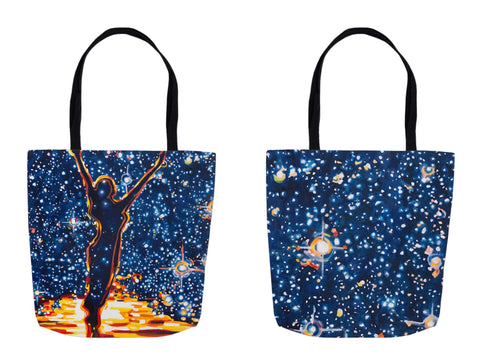  Front and Back of the Reach for the Stars Tote Bag, available in 3 sizes 13" x 13" for $22, 16" x 16" for $25, or 18" X 18" for $27