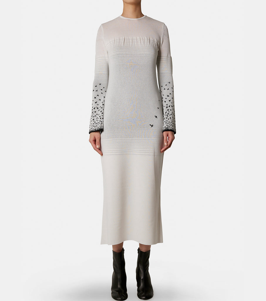 フラワーB ブルーグレイ Crane Pattern Jacquard Knitted Dress 美品