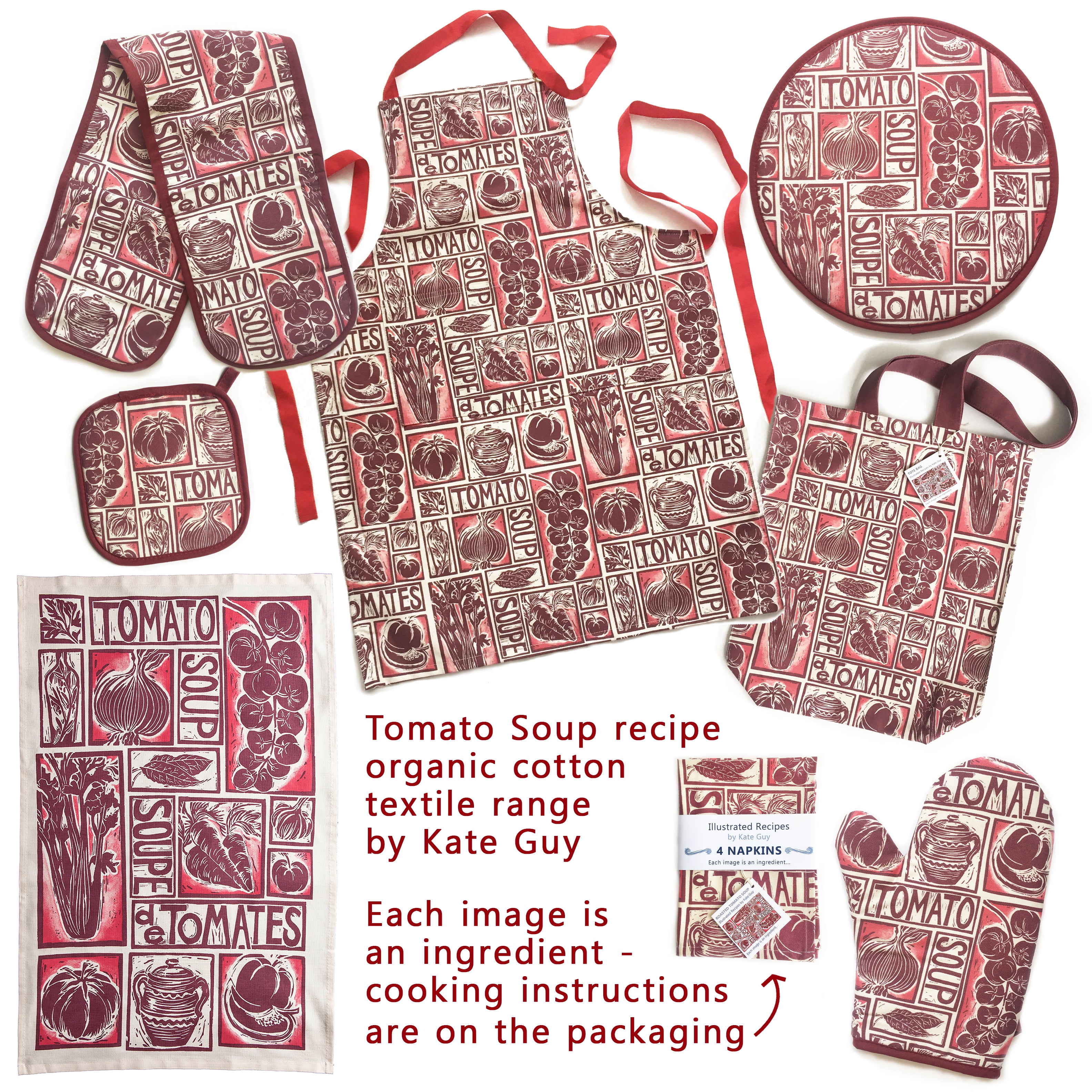 Kate Guy Prints illustrated recipe tomato soup range of organic cotton products