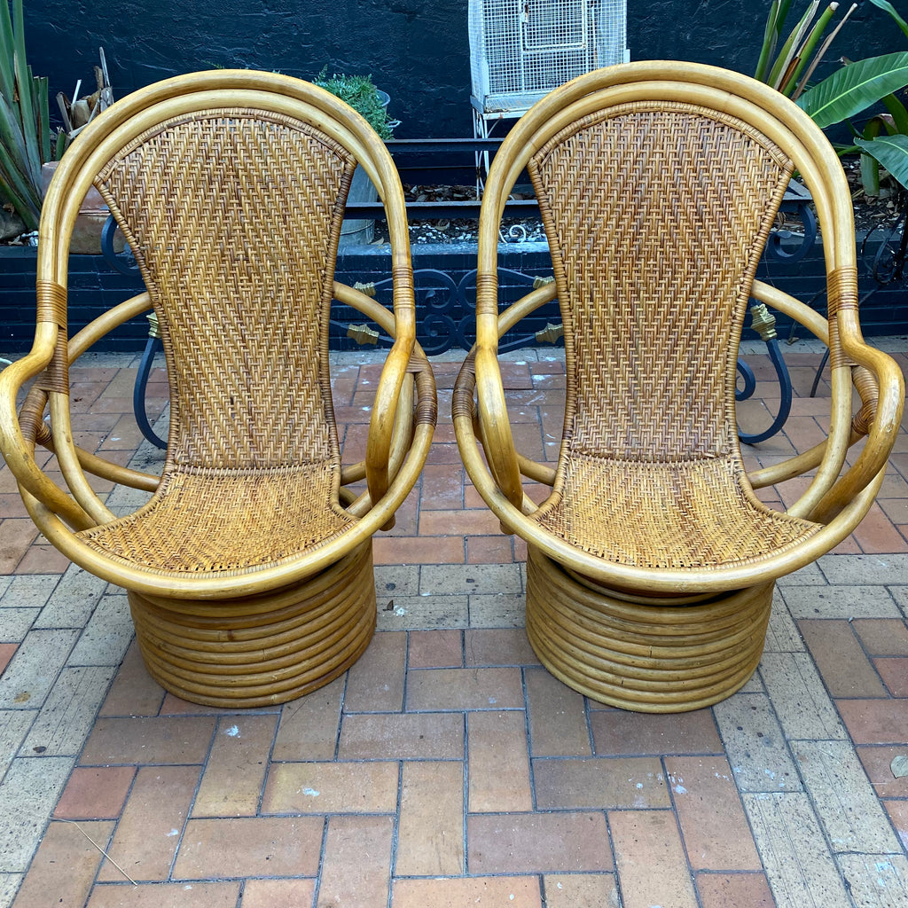 Cane vintage swivel armchairs pair H107