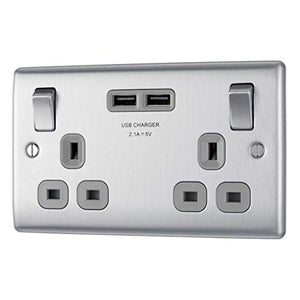 Masterplug Brushed Steel Double Switched Socket with USB Outlets - iBuy Africa 
