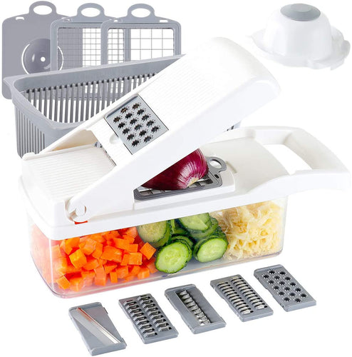 Ourokhome Vegetable Chopper Slicer Dicer - 12-in-1 Fruits Cutter Mandoline Slicer Food Chopper/Cutter with 7 Stainless Steel Blades, Adjustable Slicer & Dicer with Storage Container White-grey - iBuy Africa 