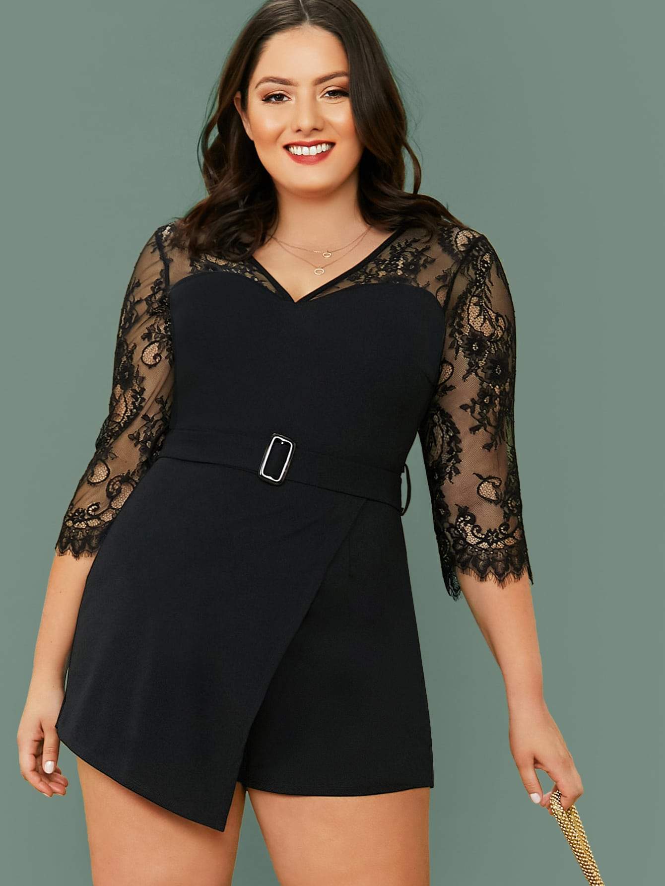 Plus Sheer Lace Sleeve Belted Skort Romper - FLJ CORPORATIONS