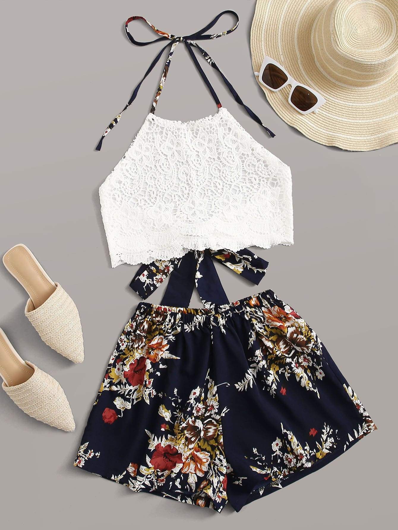 Crochet Tie Back Cami Top With Floral Shorts - FLJ CORPORATIONS