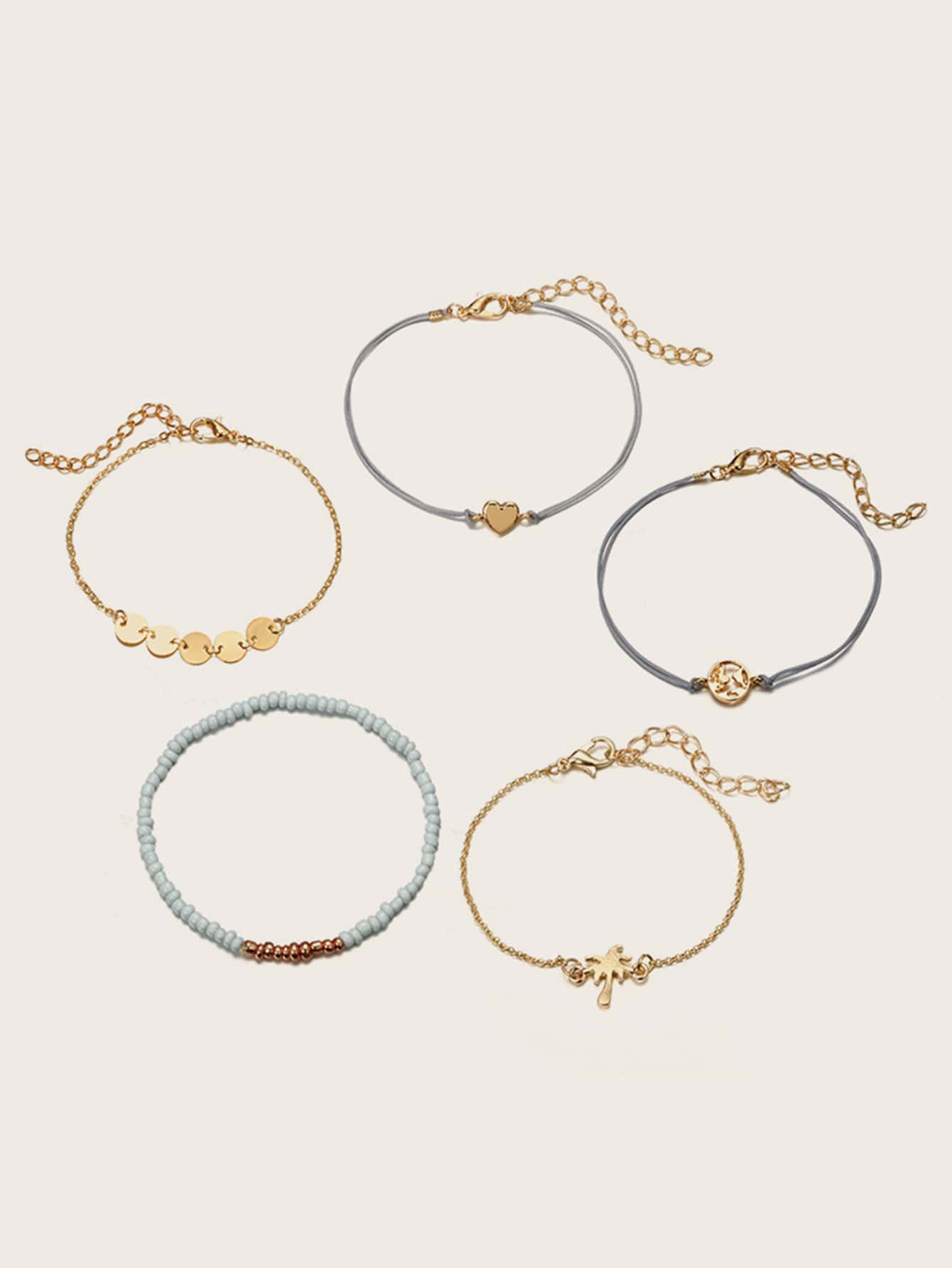 5pcs Disc & Heart Decor Bracelet - FLJ CORPORATIONS