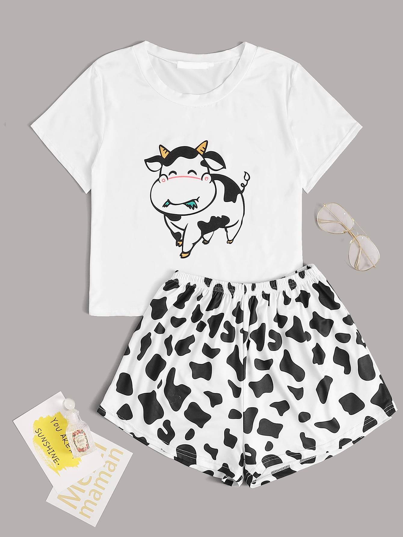 Cartoon Cow Print Tee With Shorts PJ Set - FLJ CORPORATIONS