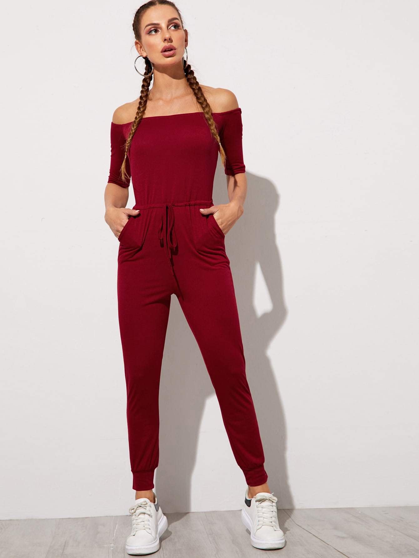 Solid Drawstring Waist Bardot Jumpsuit - FLJ CORPORATIONS