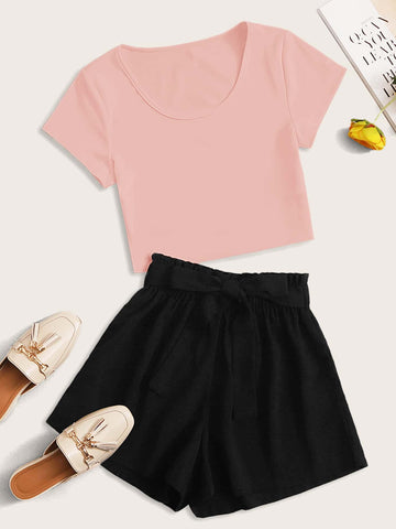 Scoop Neck Tee & Paperbag Waist Belted Shorts - FLJ CORPORATIONS