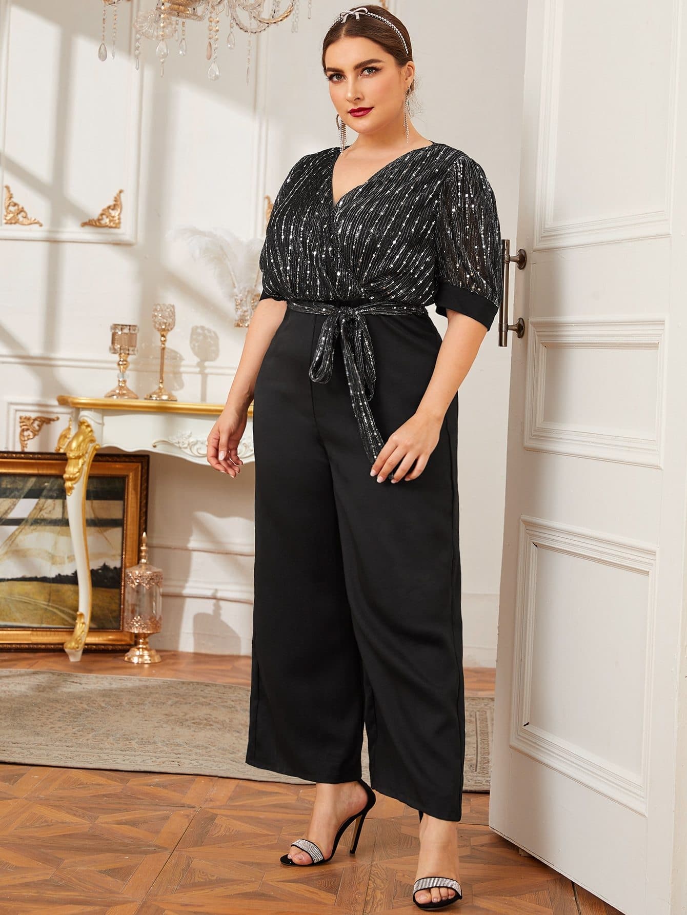 Plus Glitter Bodice Tie Front Wide Leg Jumpsuit - FLJ CORPORATIONS
