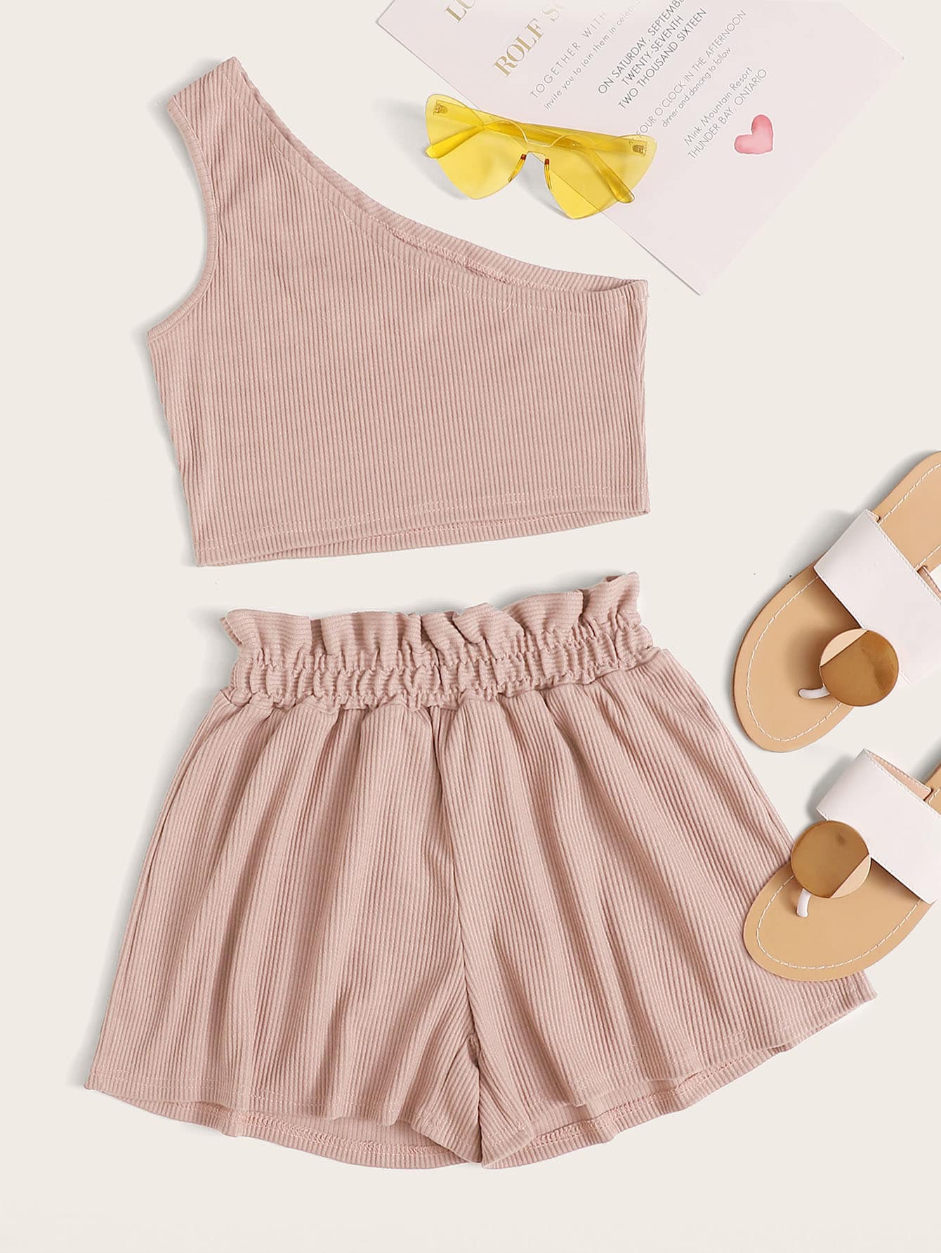 One Shoulder Rib-knit Top & Paperbag Waist Shorts - FLJ CORPORATIONS