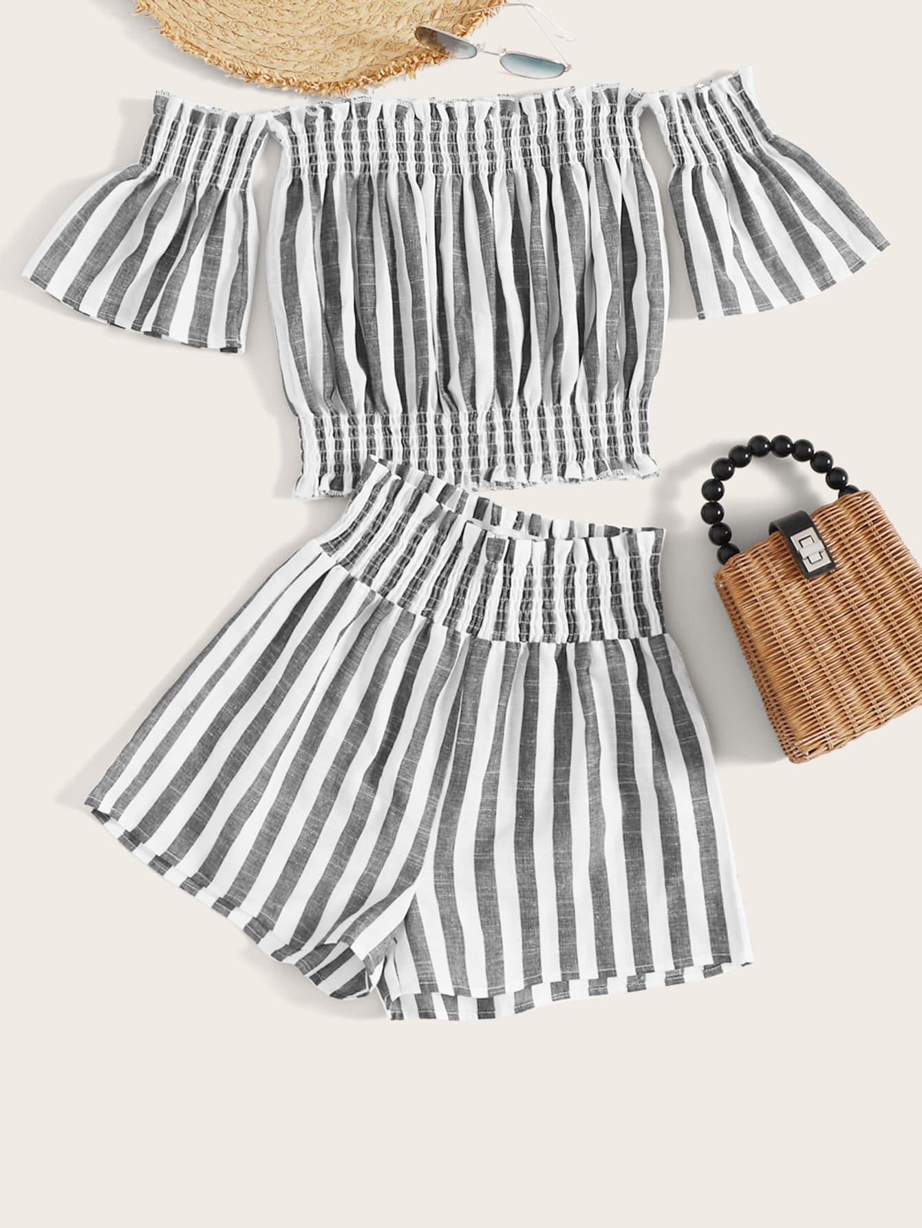 Striped Shirred Frill Trim Bardot Top & Shorts - FLJ CORPORATIONS