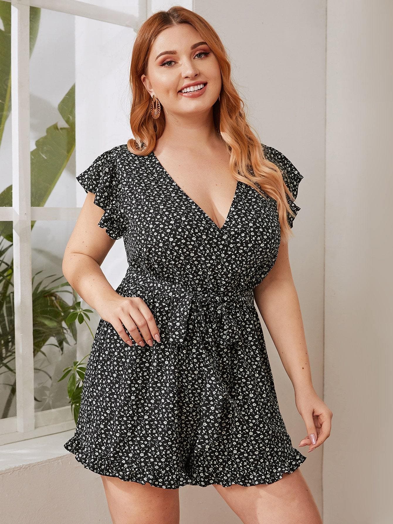 Plus Ruffle Trim Self Belted Ditsy Floral Romper - FLJ CORPORATIONS