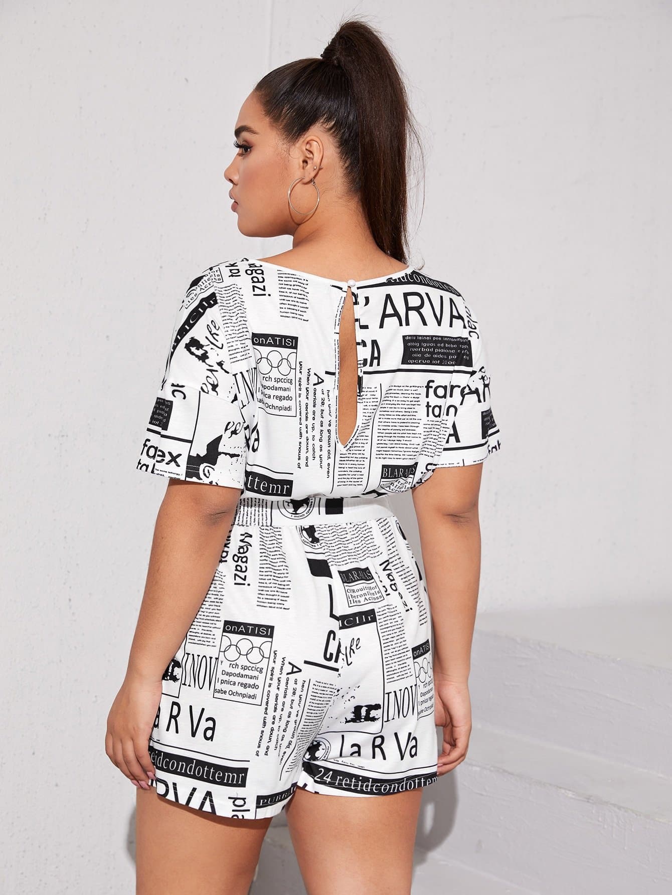 Plus Keyhole Back Self Belted Newspaper Print Romper - FLJ CORPORATIONS