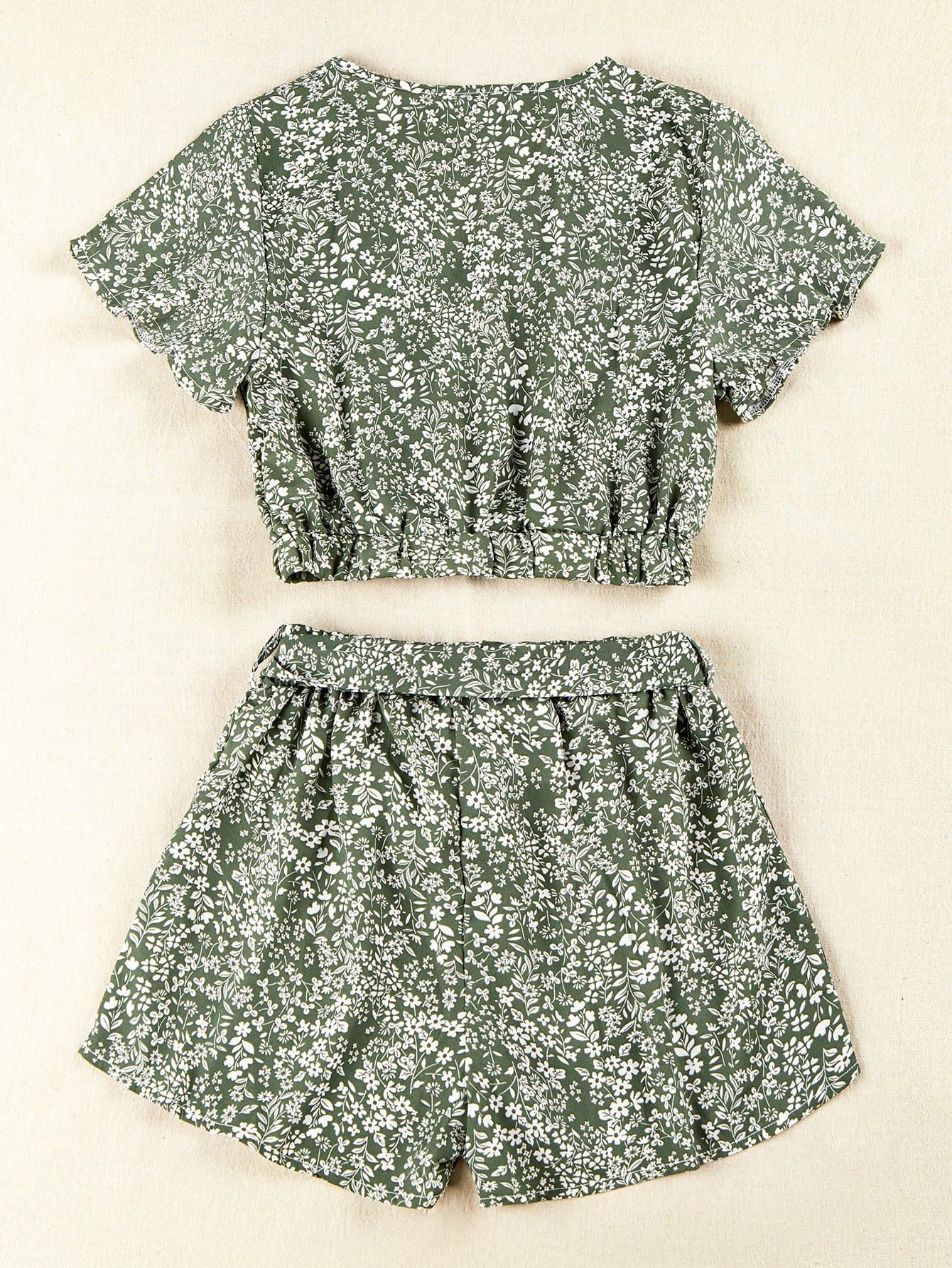 Ditsy Floral Butterfly Sleeve Top With Belted Shorts - FLJ CORPORATIONS