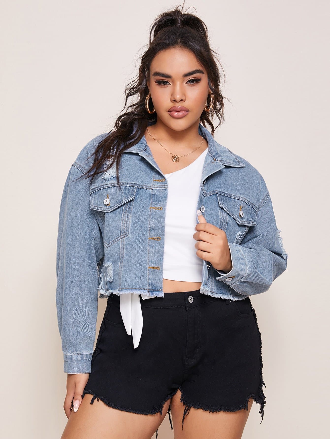 Plus Ripped Raw Hem Crop Denim Jacket - FLJ CORPORATIONS