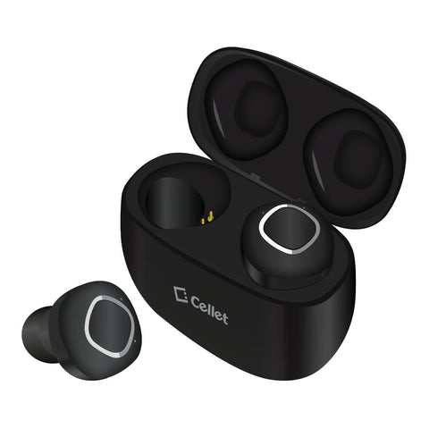 Cellet Wireless Earbuds, Premium V5.0 In-Ear Wireless Earbuds with Charging case, Voice Notifications/Built-in Microphone for smartphones, iPods, iPads, Tablets and other Wireless Devices - black