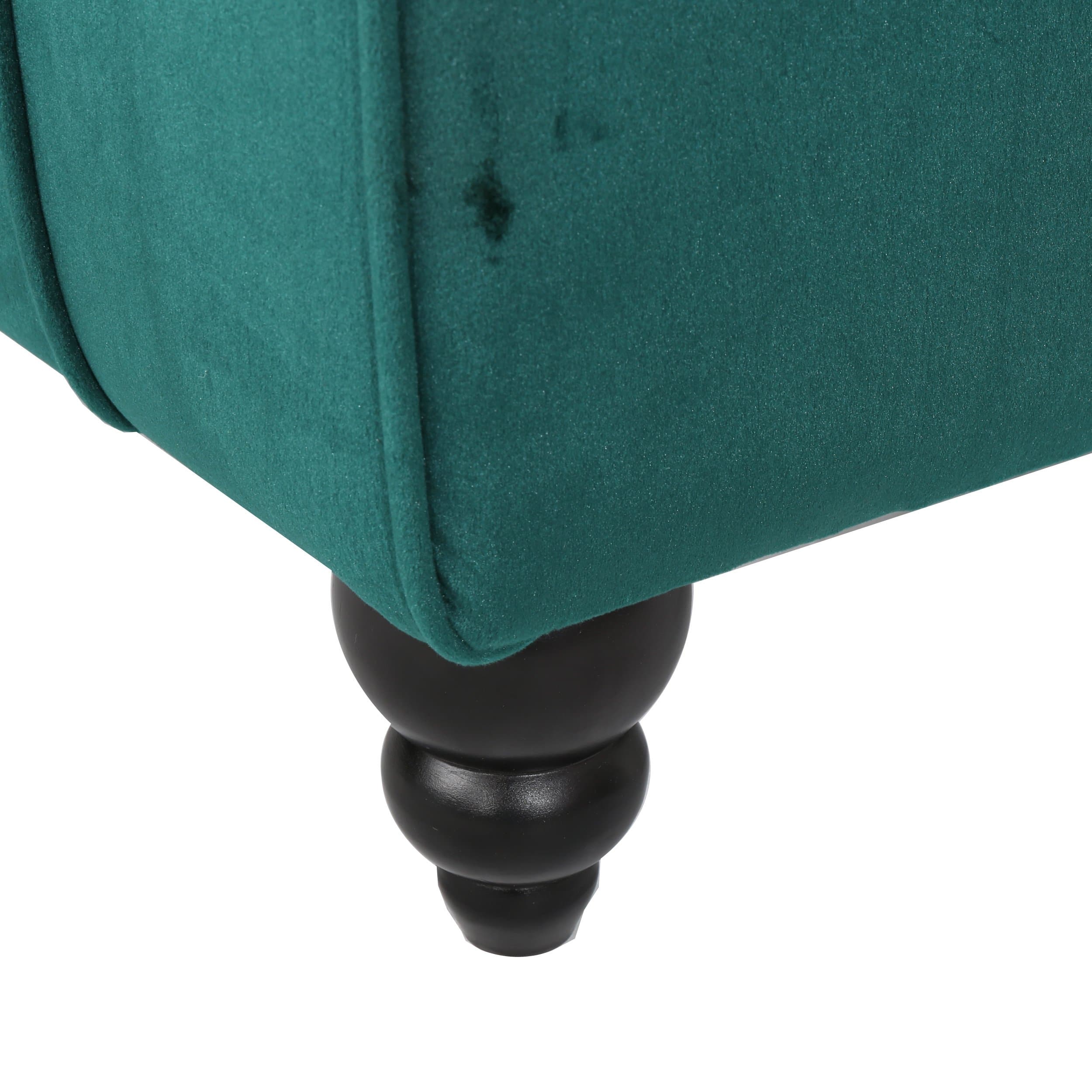 Rafaela Modern Glam Tufted Velvet Chaise Lounge with Scrolled Backrest, Dark Teal and Dark Brown - FLJ CORPORATIONS
