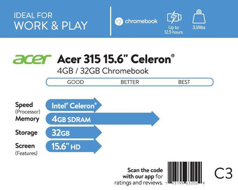 Acer 315 15.6" Celeron 4GB/32GB Chromebook, 15.6" HD Display, Intel Celeron N4000, 4GB LPDDR4, 32GB eMMC, Protective Sleeve, Chrome OS - CB315-3H-C2C3 - FLJ CORPORATIONS