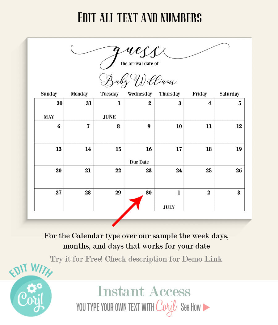 Guess Baby's Due Date Calendar Baby Shower Game, Printable Editable Te