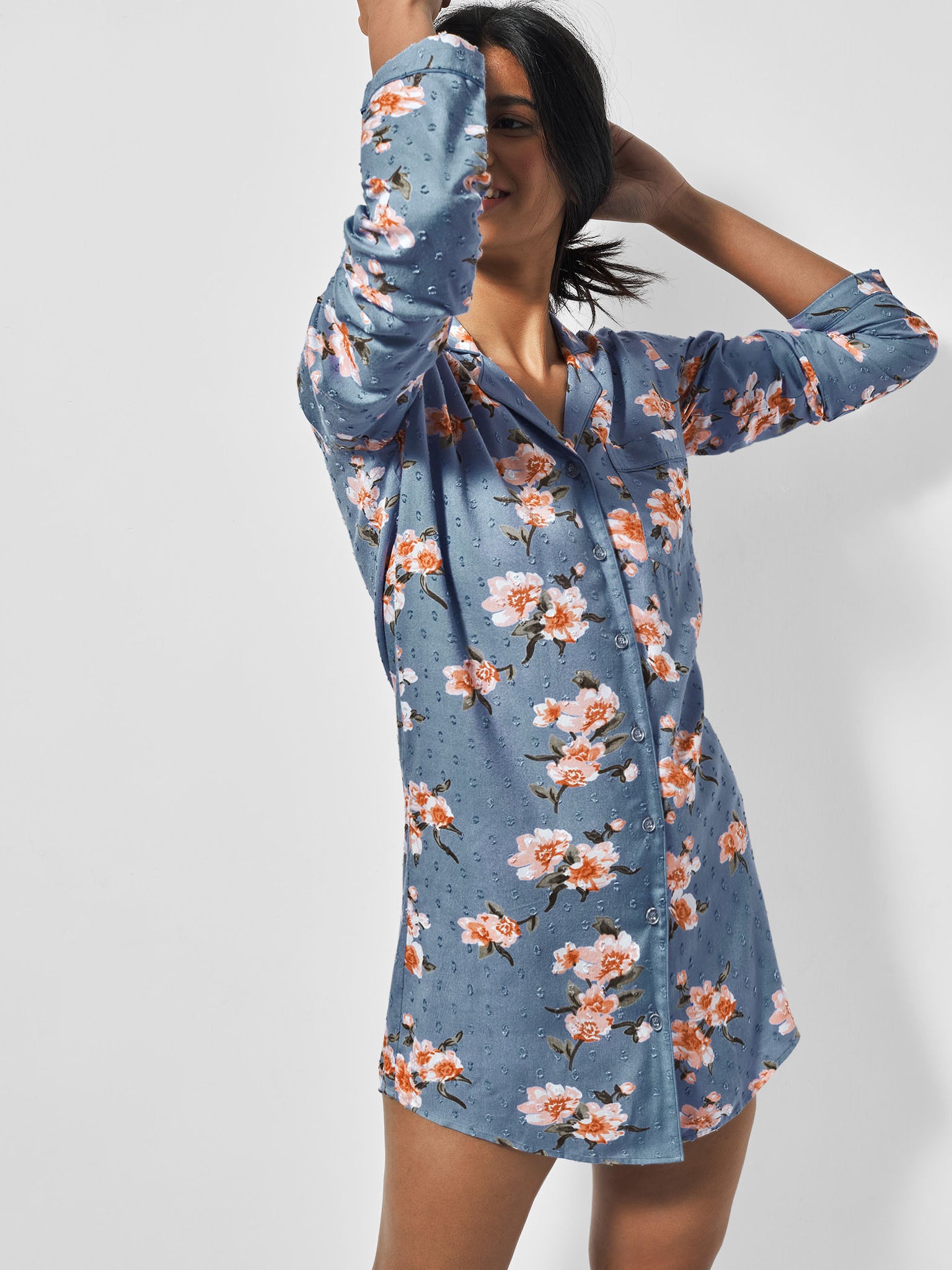 

Floral Printed Sleep Shirt Dress, Blue