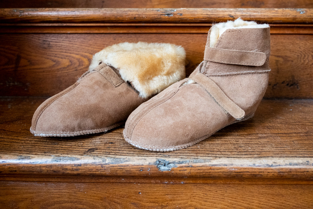 sheepskin slippers with collar up or down made in canada
