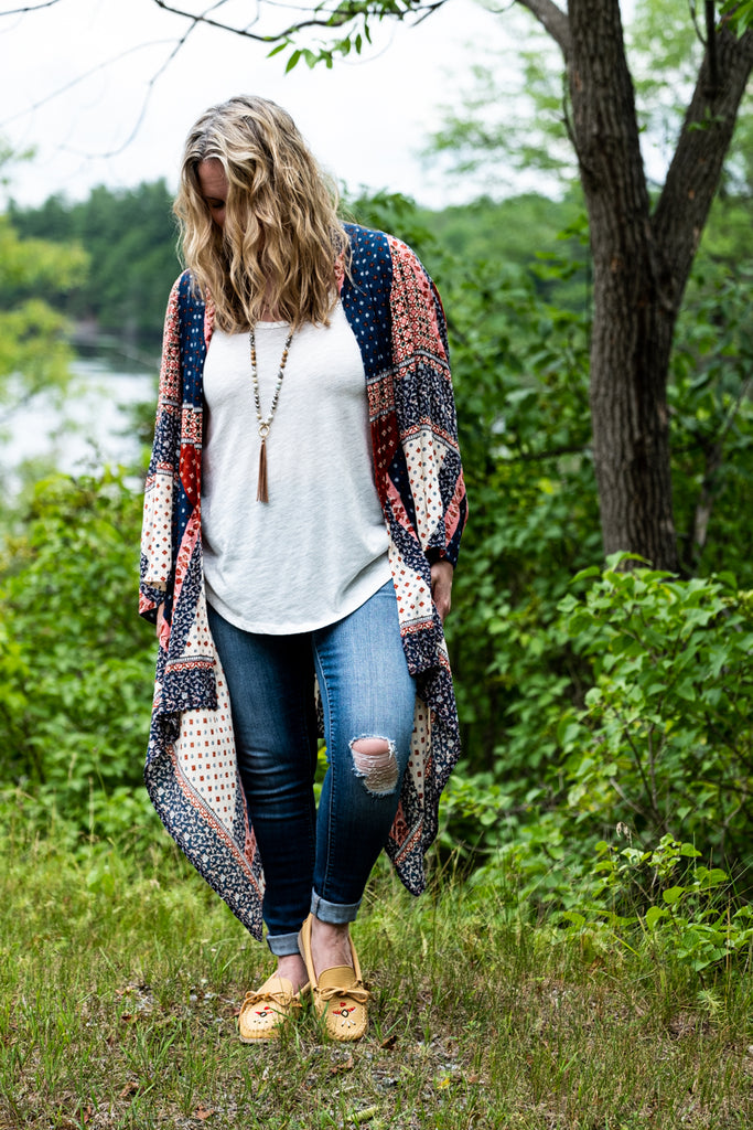 lifestyle Native style moccasins with long canopy wrap sweater cardigan