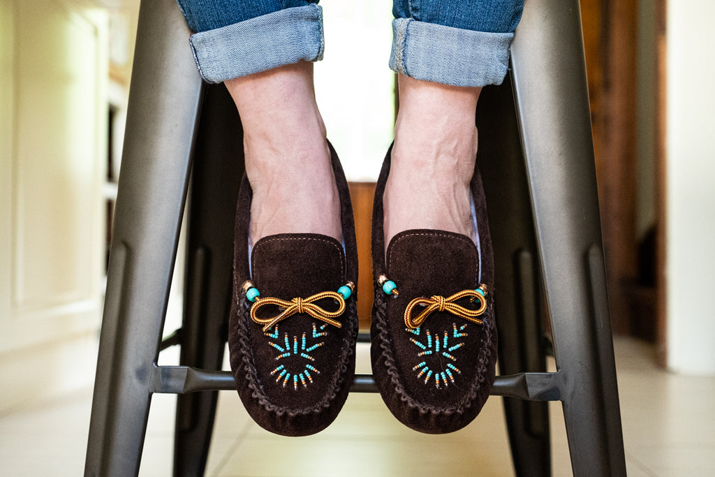 brown moccasins suede with turquoise beading on the front