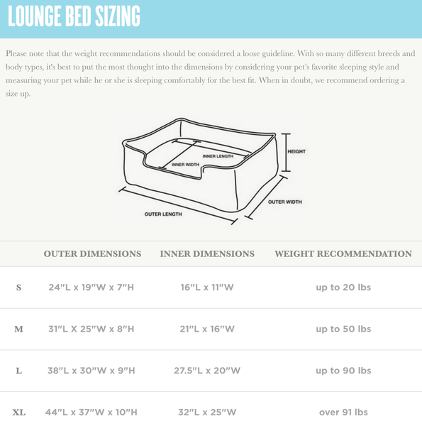 P.L.A.Y. Lounge Bed for dogs Sizing Chart